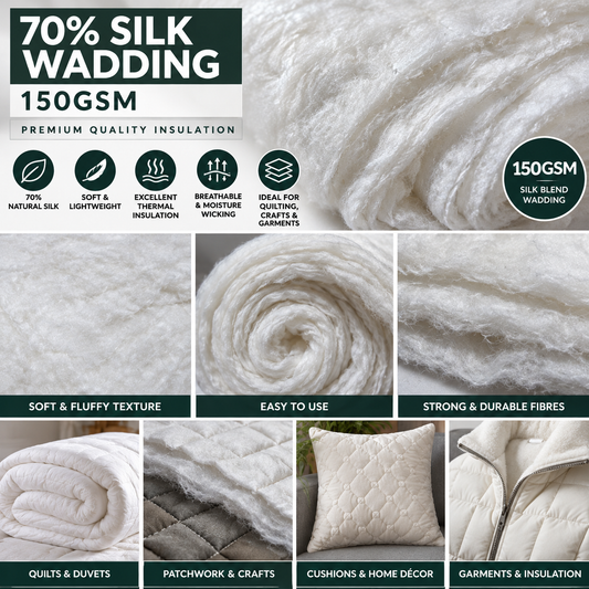 70% Silk Wadding 150GSM – 58" Wide Premium Soft Lightweight Quilt Batting for Quilting, Duvets, Garments & Crafts By The Metre