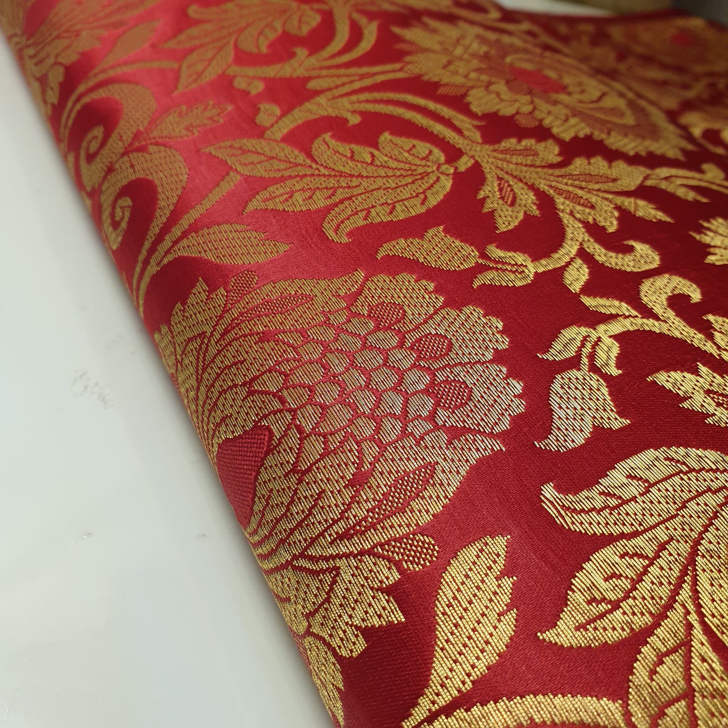 Red Banarasi Brocade Fabric with Gold Zari Floral Design | Premium Indian Jacquard Material By Meter 44"