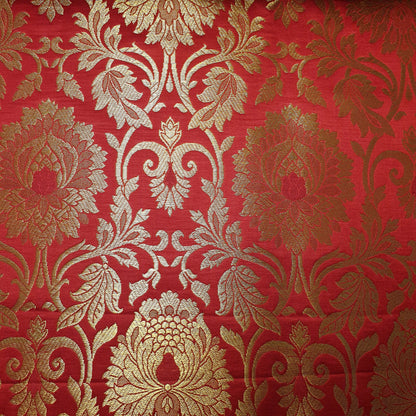 Red Banarasi Brocade Fabric with Gold Zari Floral Design | Premium Indian Jacquard Material By Meter 44"