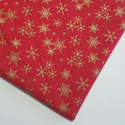 Deluxe Gold Foil Snowflake & Xmas Tree Print Cotton Fabric: 44” Wide for Festive Decor (Red Snowflake)