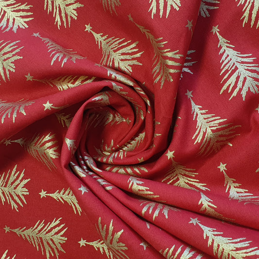 Deluxe Gold Foil Snowflake & Xmas Tree Print Cotton Fabric: 44” Wide for Festive Decor (Red Trees)