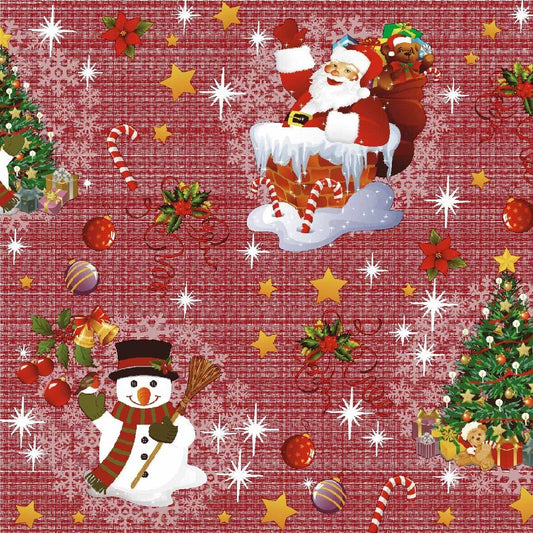 Red Christmas Snowman PVC Vinyl Tablecloth Fabric – 58" Wide, Waterproof, Easy-Clean Party / Event Material By The Meter