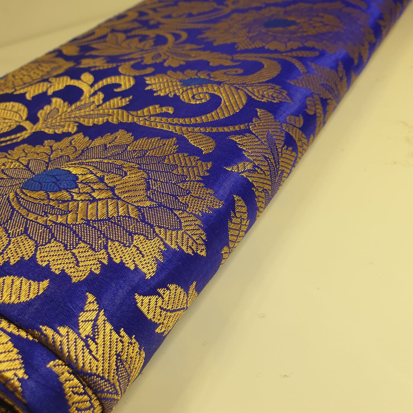Royal Blue Banarasi Brocade Fabric with Gold Zari Floral Design | Premium Indian Jacquard Material By Meter 44"