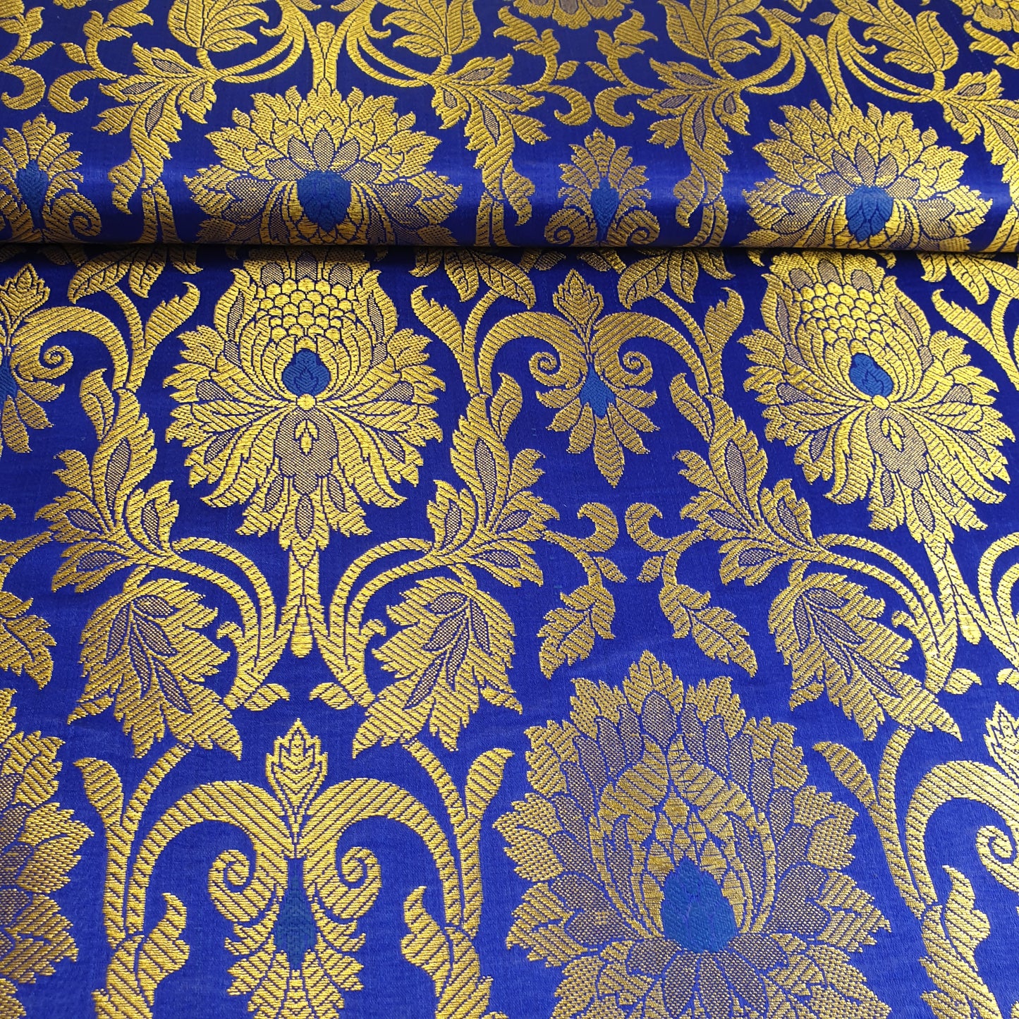 Royal Blue Banarasi Brocade Fabric with Gold Zari Floral Design | Premium Indian Jacquard Material By Meter 44"