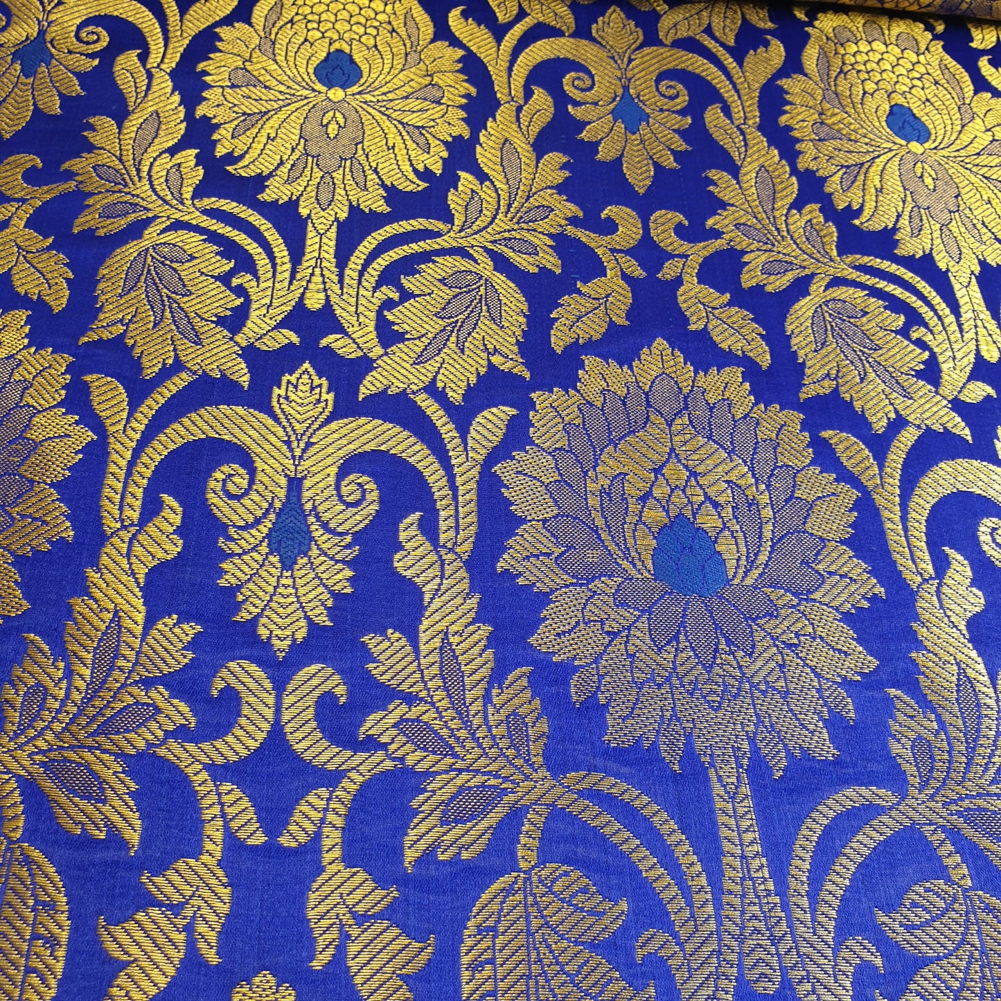 Royal Blue Banarasi Brocade Fabric with Gold Zari Floral Design | Premium Indian Jacquard Material By Meter 44"