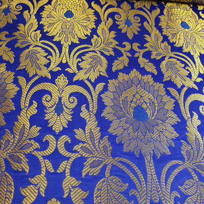 Royal Blue Banarasi Brocade Fabric with Gold Zari Floral Design | Premium Indian Jacquard Material By Meter 44"