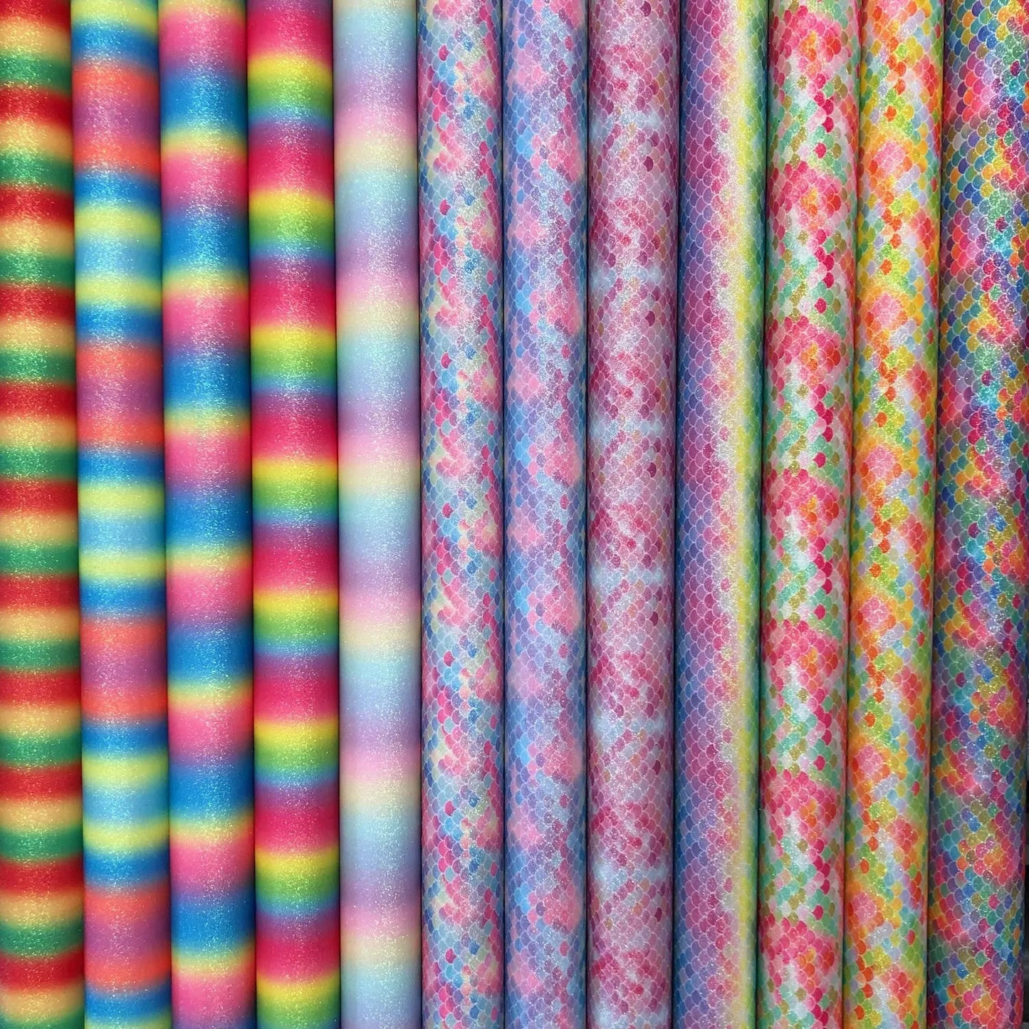 Rainbow & Mermaid Glitter PU Backed Fabric | Sparkle Leatherette 55" (140cm) Wide â€“ Sold by the Meter