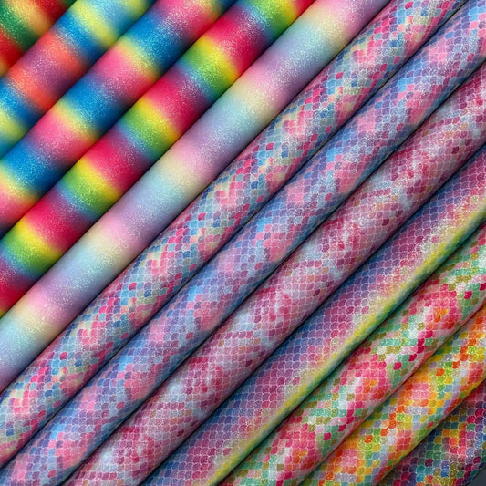 Rainbow & Mermaid Glitter PU Backed Fabric | Sparkle Leatherette 55" (140cm) Wide â€“ Sold by the Meter