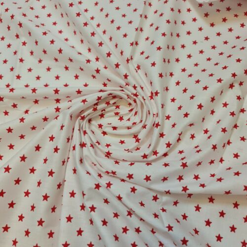Red Stars 100% White Cotton Poplin Fabric Craft Quilting Patchwork Material Meter 44"