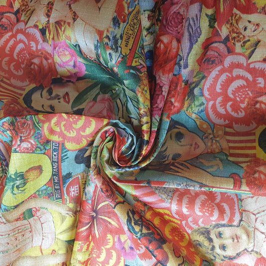 Floral Senorita Portraits Digital Print Faux Raw Silk Fabric Dress Craft Quilting Material 44" By Meter