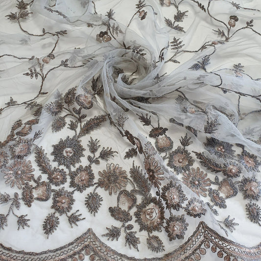 Sage Green Luxury Embroidered Net Fabric with Sequins & Pearl Work 44" By The Meter