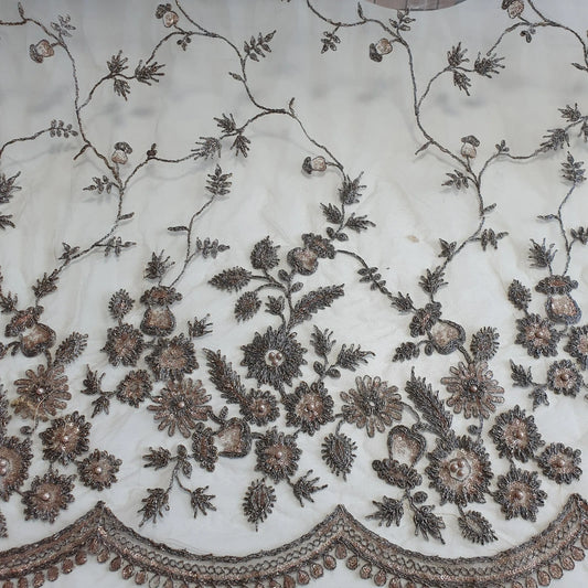 Sage Green Luxury Embroidered Net Fabric with Sequins & Pearl Work 44" By The Meter
