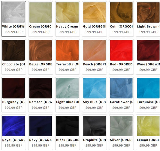Plain Sheer Organza Fabric | Dyed Organza 59" (150cm) Wide  50 Metre Roll