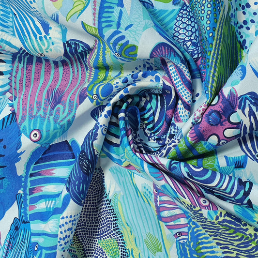 Luxuriöser, eleganter, lebendiger Canvas-Stoff aus 100 % Baumwolle mit floralem Polka-Muster, 147,3 cm breit, perfekt für Kinderprojekte und Bastelarbeiten (tropische Fische)