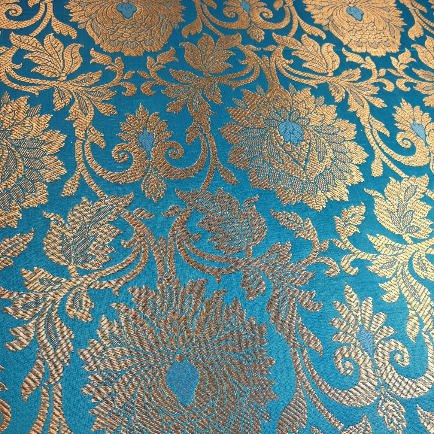 Turquoise Banarasi Brocade Fabric with Gold Zari Floral Design | Premium Indian Jacquard Material By Meter 44"
