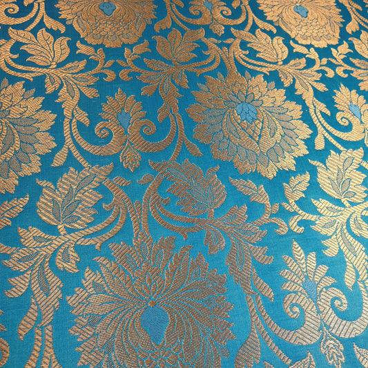 Turquoise Banarasi Brocade Fabric with Gold Zari Floral Design | Premium Indian Jacquard Material By Meter 44"