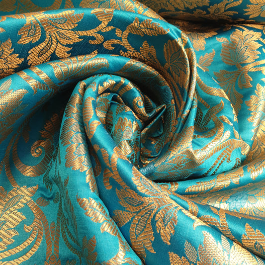 Turquoise Banarasi Brocade Fabric with Gold Zari Floral Design | Premium Indian Jacquard Material By Meter 44"