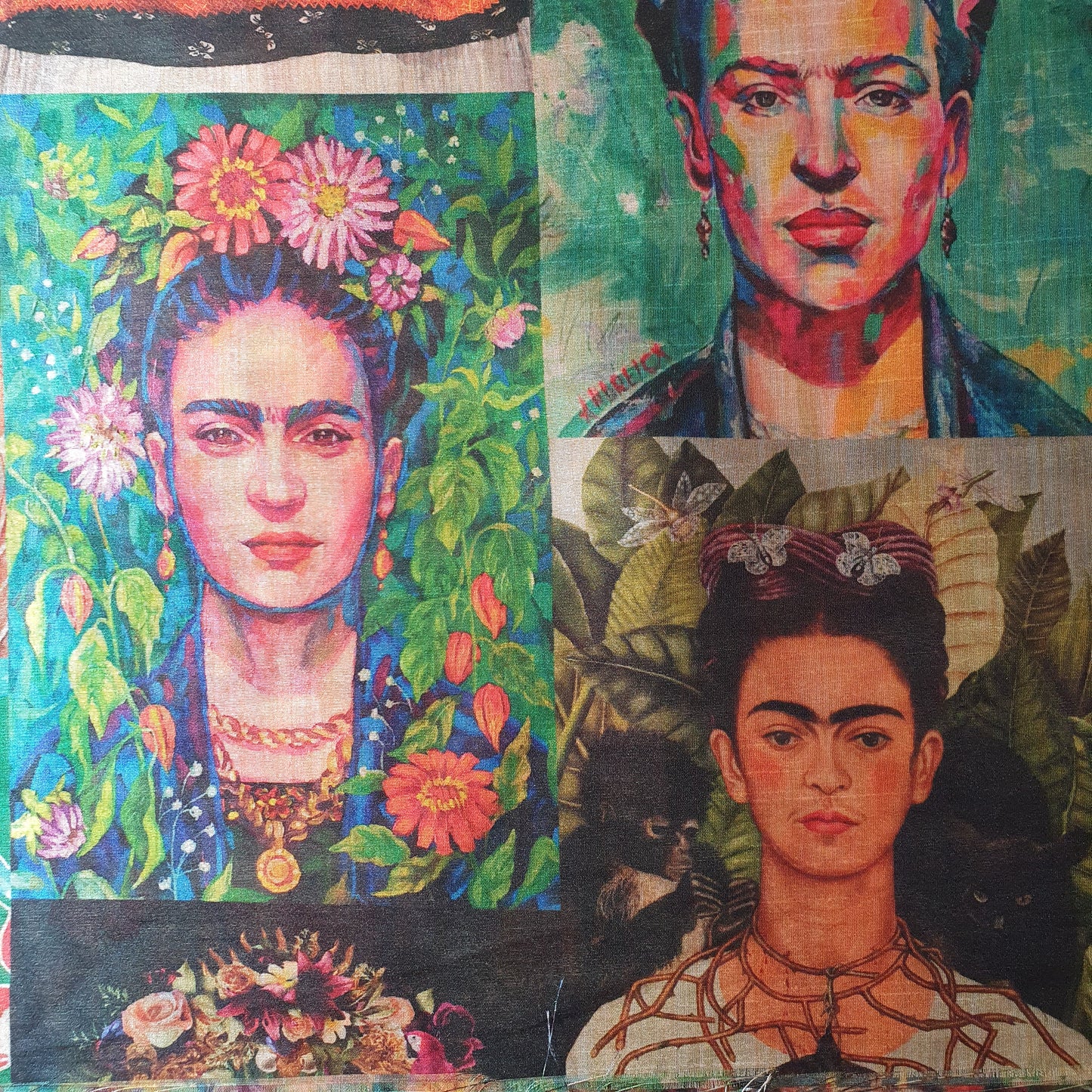 Vintage Floral Frida Kahlo Portraits Digital Print Faux Raw Silk Fabric Dress Craft Quilting Material 44" By Meter