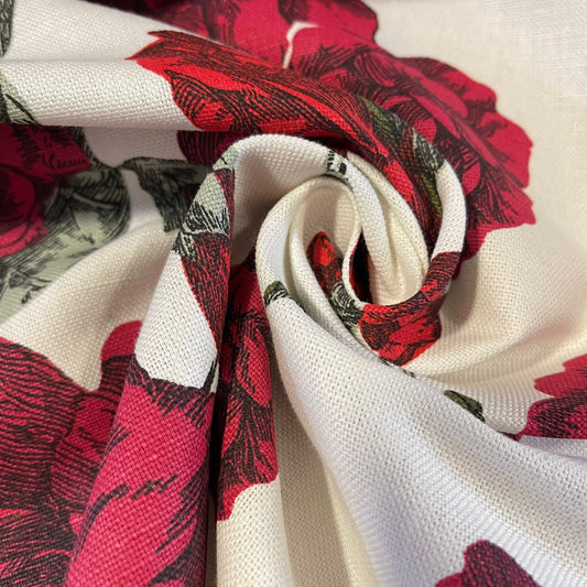 Vintage Red Rose Ivory Laura Ashley Canvas Fabric Dressmaking Craft Material 150cm Wide By The Meter