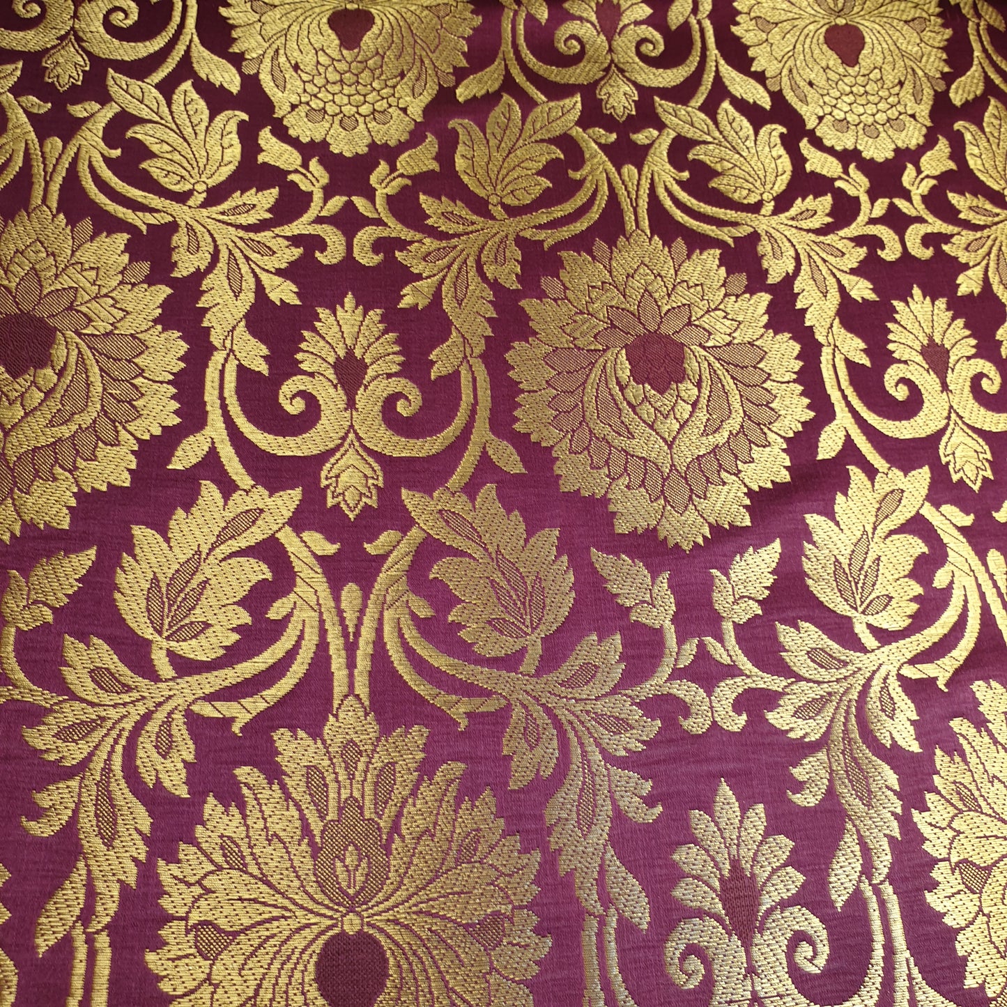 Wine Banarasi Brocade Fabric with Gold Zari Floral Design | Premium Indian Jacquard Material By Meter 44"