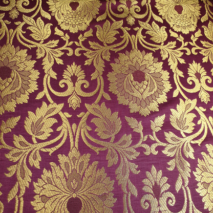 Wine Banarasi Brocade Fabric with Gold Zari Floral Design | Premium Indian Jacquard Material By Meter 44"
