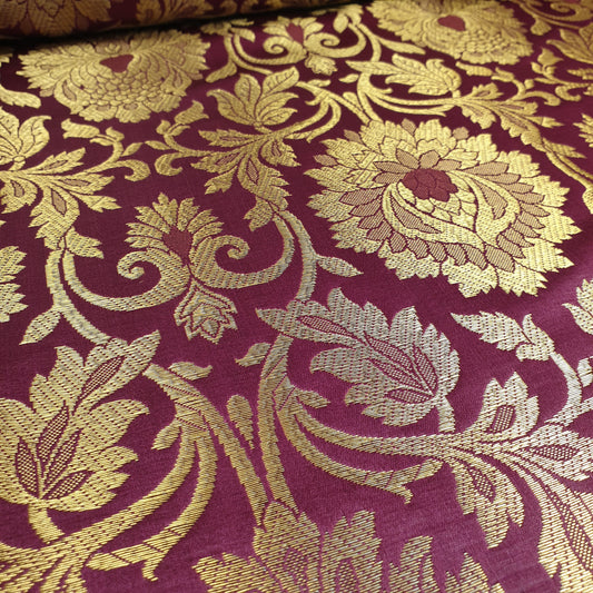 Wine Banarasi Brocade Fabric with Gold Zari Floral Design | Premium Indian Jacquard Material By Meter 44"