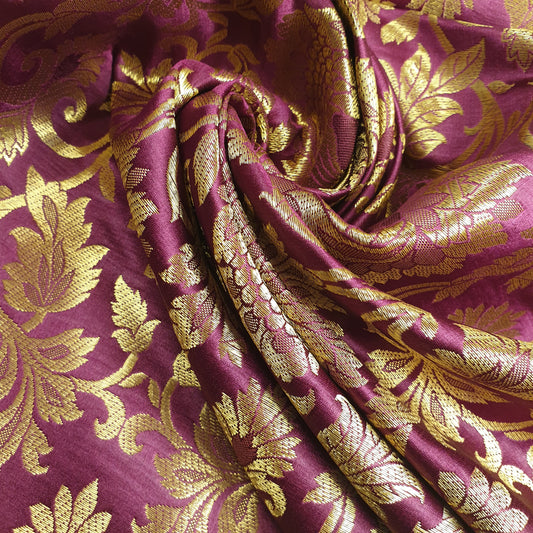 Wine Banarasi Brocade Fabric with Gold Zari Floral Design | Premium Indian Jacquard Material By Meter 44"