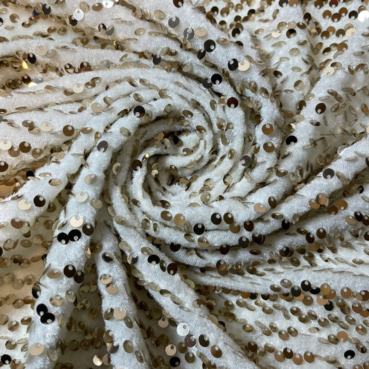Ivory Sequin Velvet Embroidery Stretch Material Velour Craft Drape Dress Fabric 58" Wide By The Meter