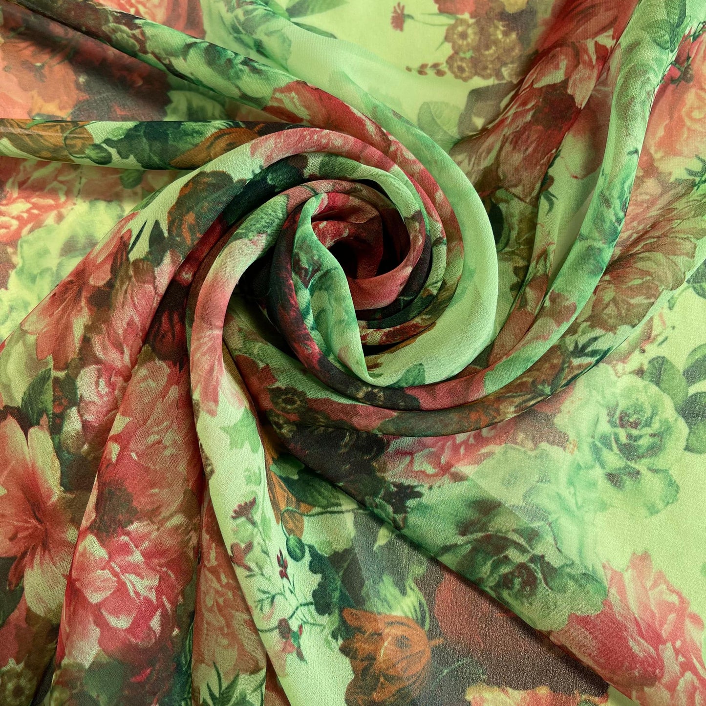 Green Floral Crepe Chiffon Material Soft Sheer Dress Drape Craft Fabric 44" By Meter