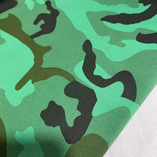 Camo Scuba Fabric with Army Camouflage Print - Stretch Jersey Dress Material, 58" Width