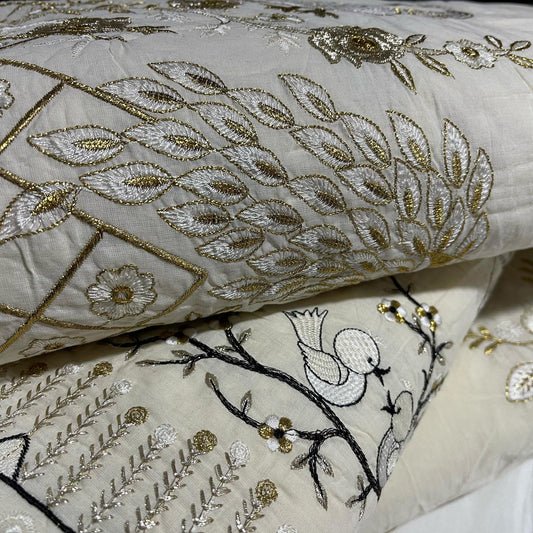 Cotton Embroidery Fabric Floral Golden Zari Metallic Dress Craft Material 44" Wide