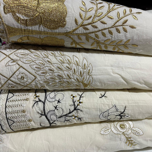 Cotton Embroidery Fabric Floral Golden Zari Metallic Dress Craft Material 44" Wide