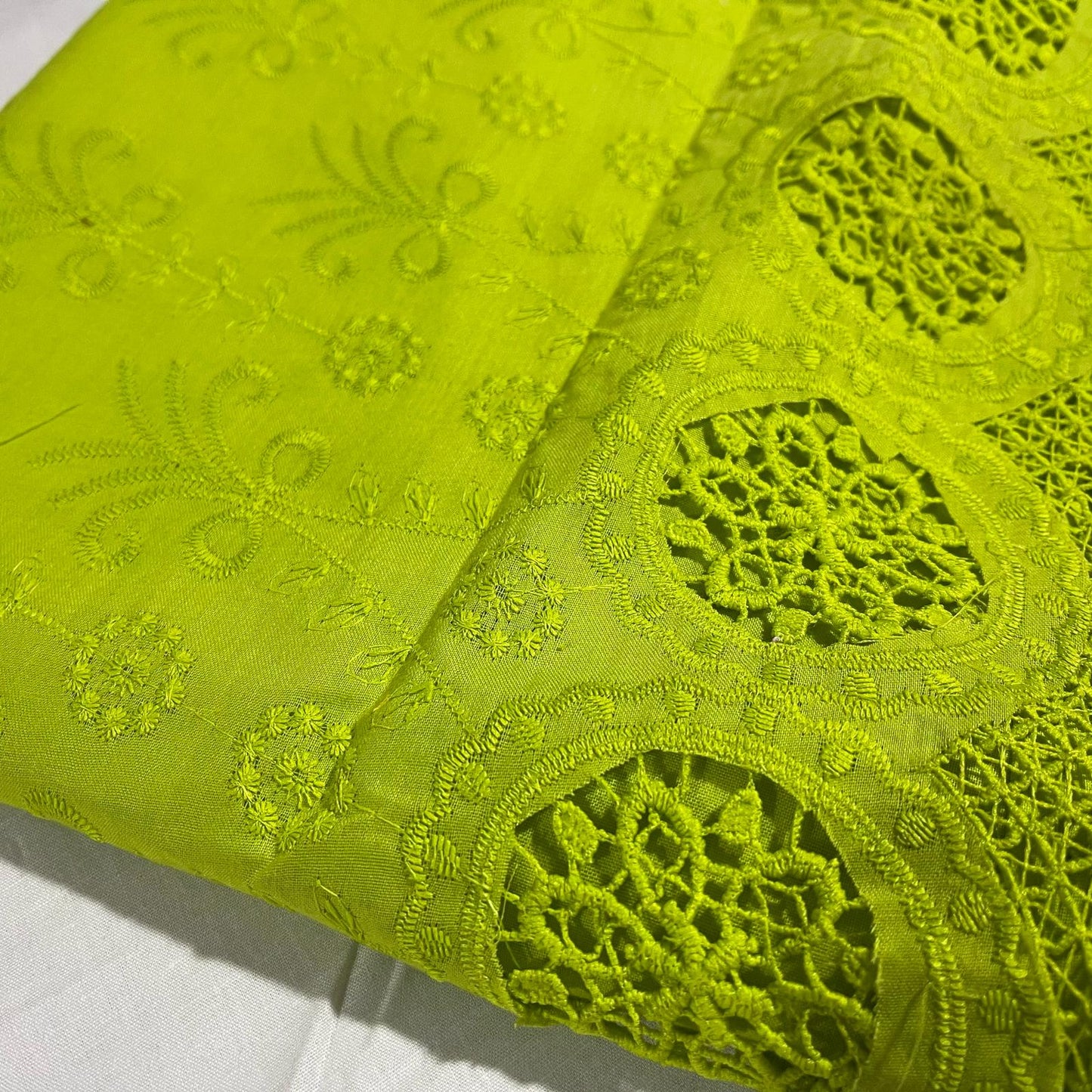 Neon Green Cotton Floral Embroidery Fabric Lace Broderie Anglaise Dress Craft Material 44" By the Meter