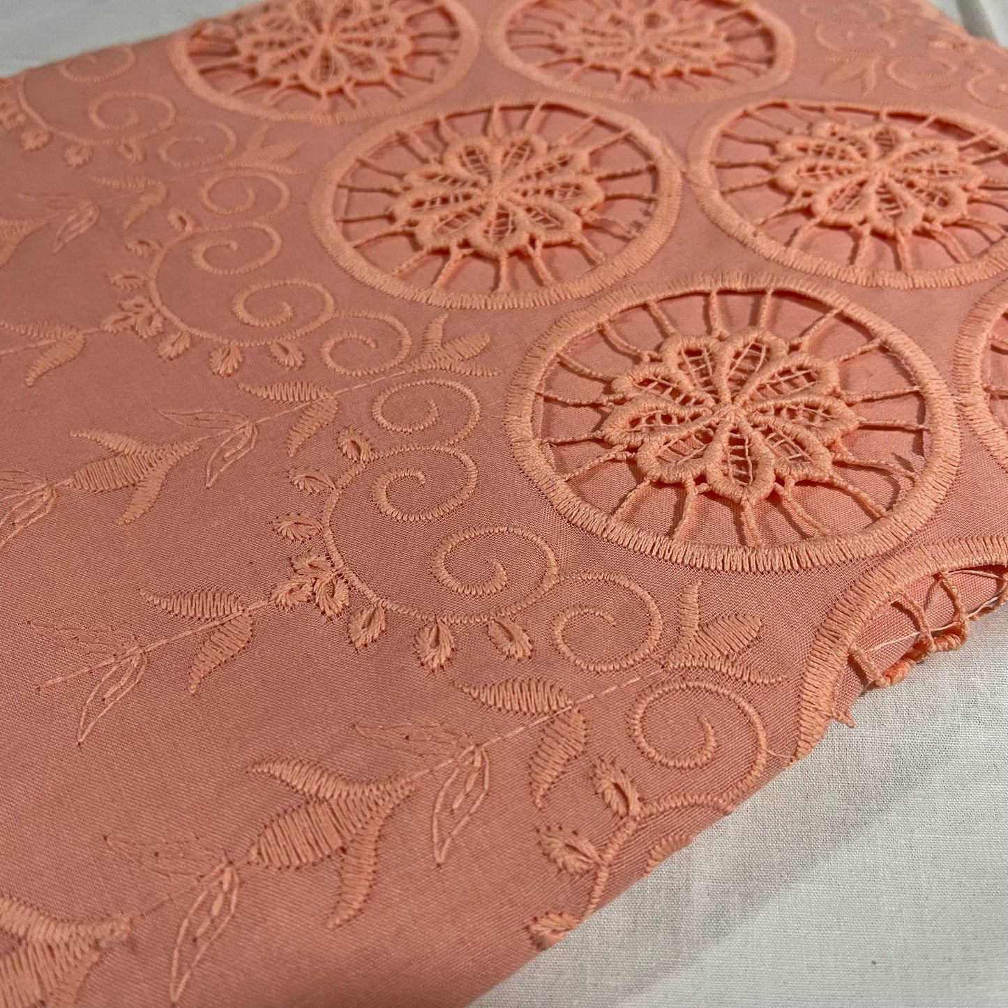 Peach Cotton Floral Embroidery Fabric Lace Broderie Anglaise Dress Craft Material 44" By the Meter