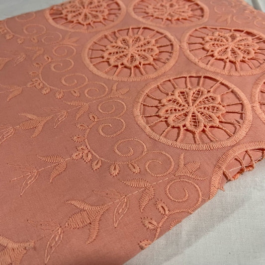 Peach Cotton Floral Embroidery Fabric Lace Broderie Anglaise Dress Craft Material 44" By the Meter