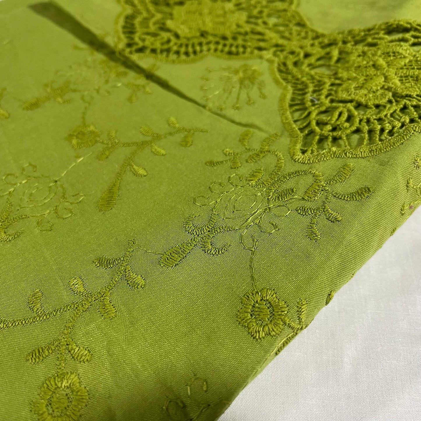 Olive Green Cotton Floral Embroidery Fabric Lace Broderie Anglaise Dress Craft Material 44" By the Meter