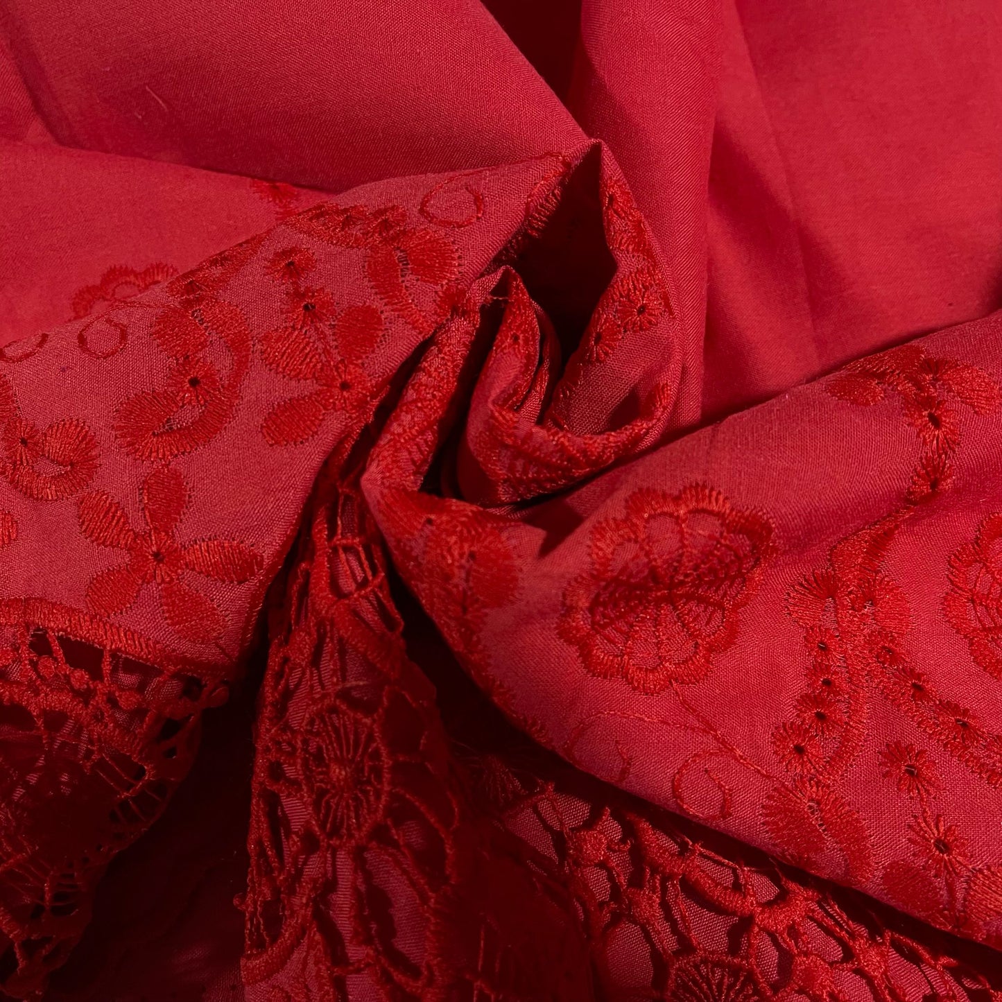 Red Cotton Floral Embroidery Fabric Lace Broderie Anglaise Dress Craft Material 44" By the Meter