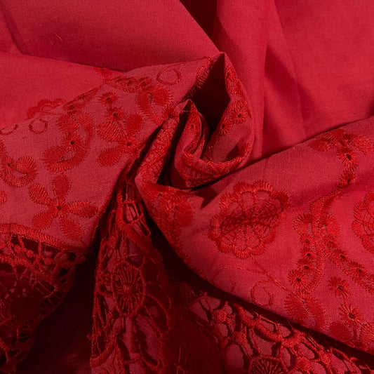 Red Cotton Floral Embroidery Fabric Lace Broderie Anglaise Dress Craft Material 44" By the Meter