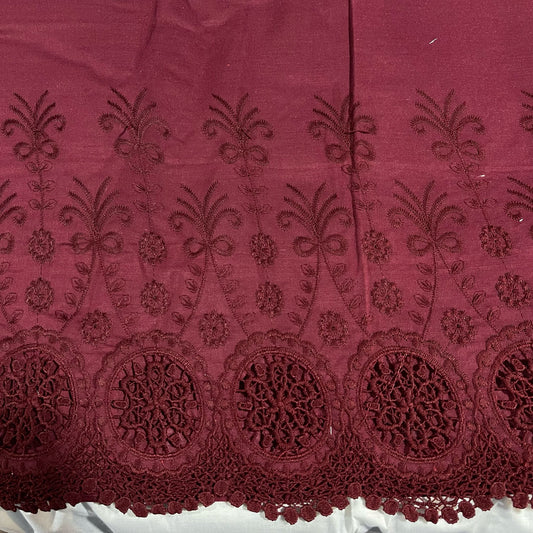 Burgundy Cotton Floral Embroidery Fabric Lace Broderie Anglaise Dress Craft Material 44" By the Meter