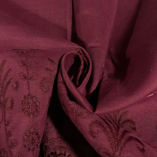 Burgundy Cotton Floral Embroidery Fabric Lace Broderie Anglaise Dress Craft Material 44" By the Meter