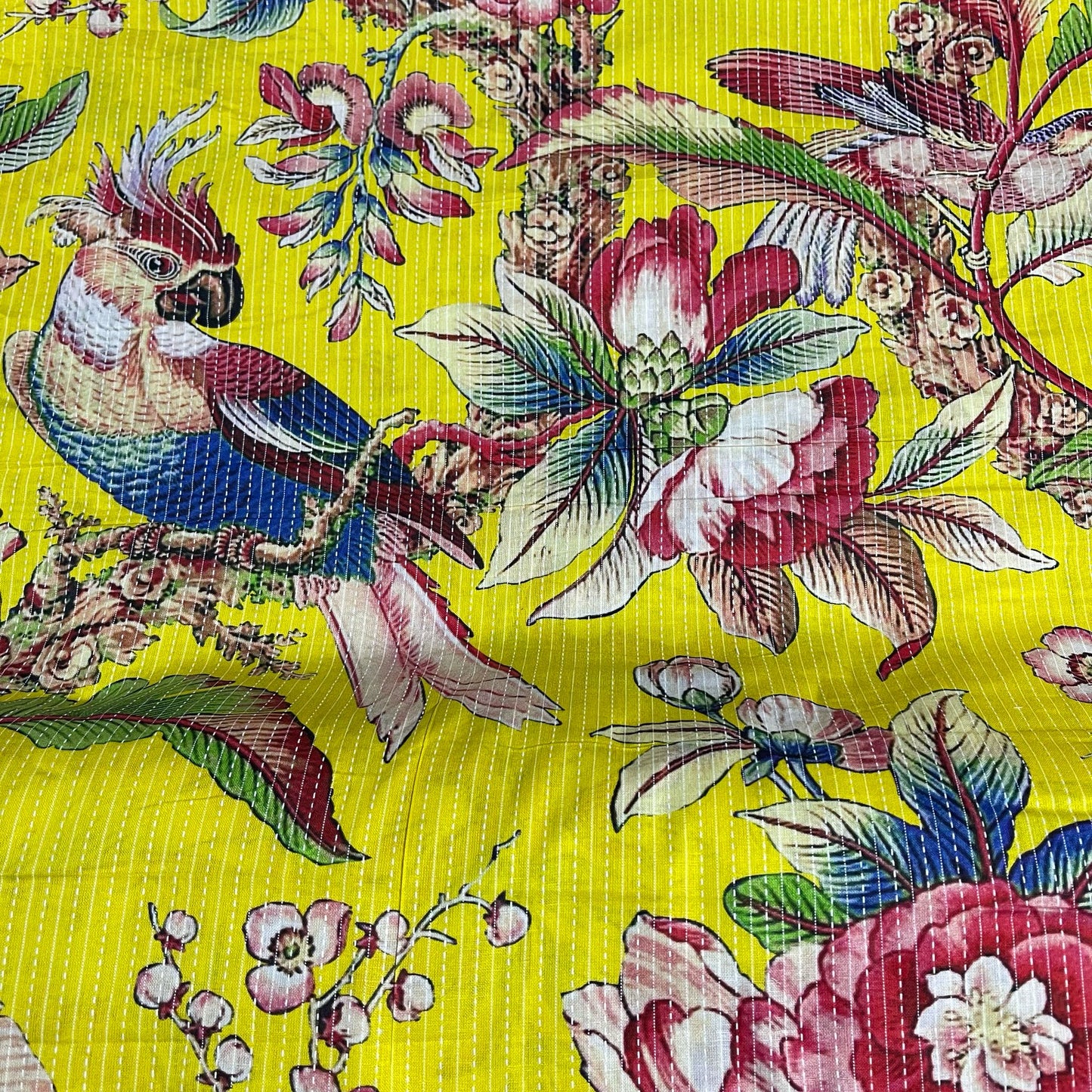 Yellow Tropical Bird Multi Floral Print Kantha Batik Cotton Fabric 44" Wide Dress Costume Craft Material by the Meter