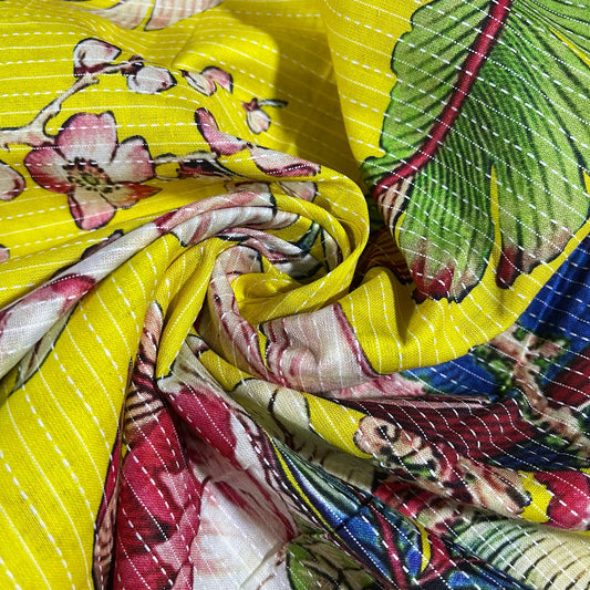 Yellow Tropical Bird Multi Floral Print Kantha Batik Cotton Fabric 44" Wide Dress Costume Craft Material by the Meter