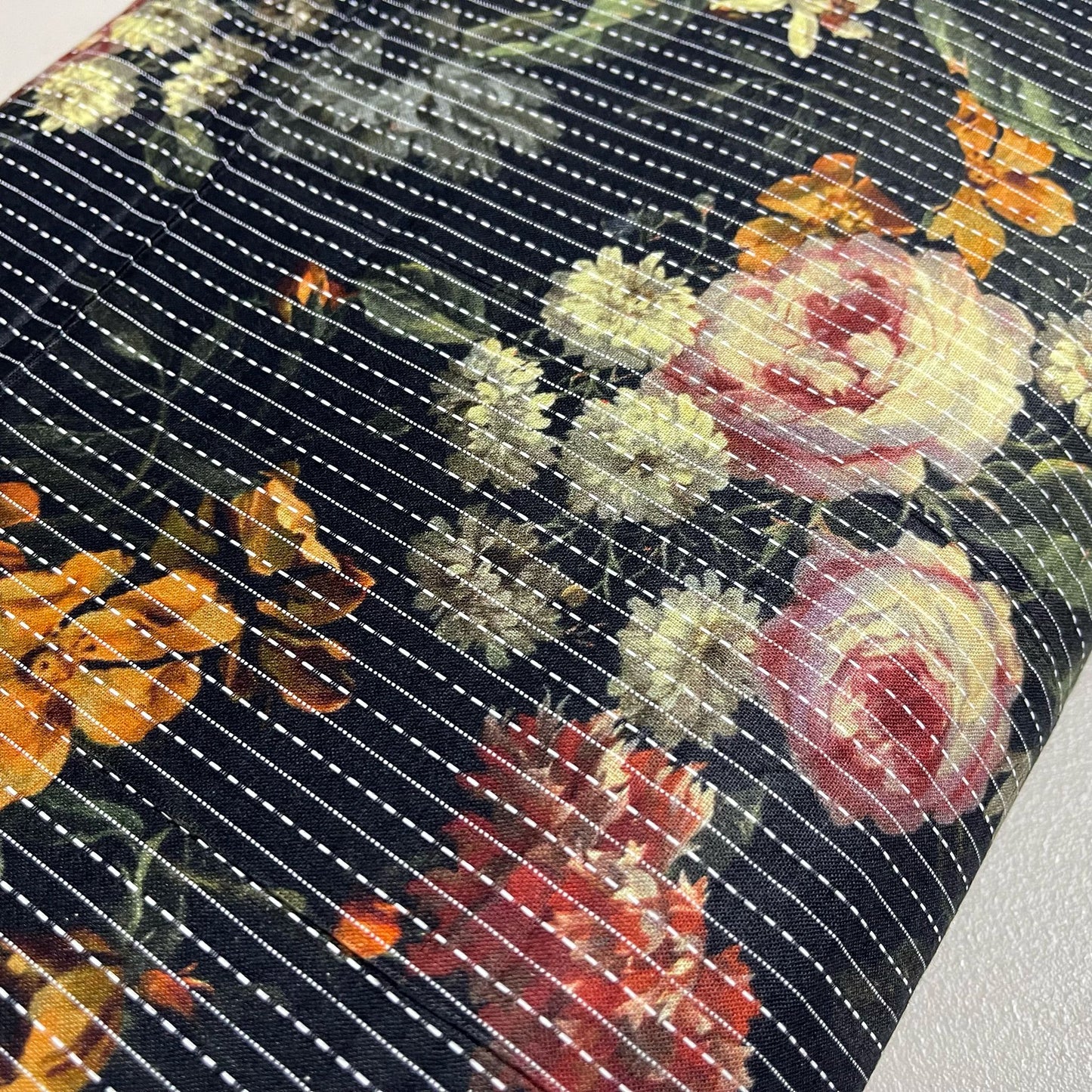 Black Floral Print Kantha Batik Cotton Fabric 44" Wide Dress Costume Craft Material by the Meter