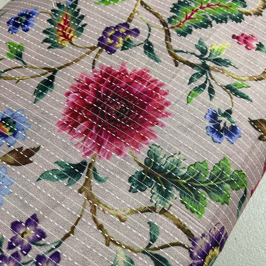 Grey English Floral Print Kantha Batik Cotton Fabric 44" Wide Dress Costume Craft Material by the Meter0