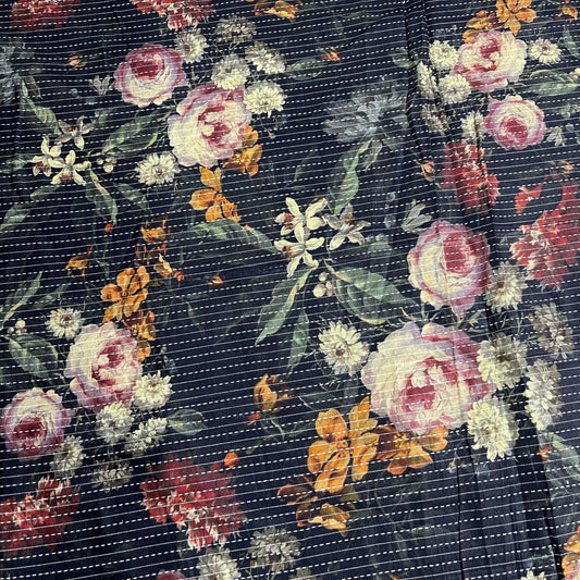 Black Floral Print Kantha Batik Cotton Fabric 44" Wide Dress Costume Craft Material by the Meter