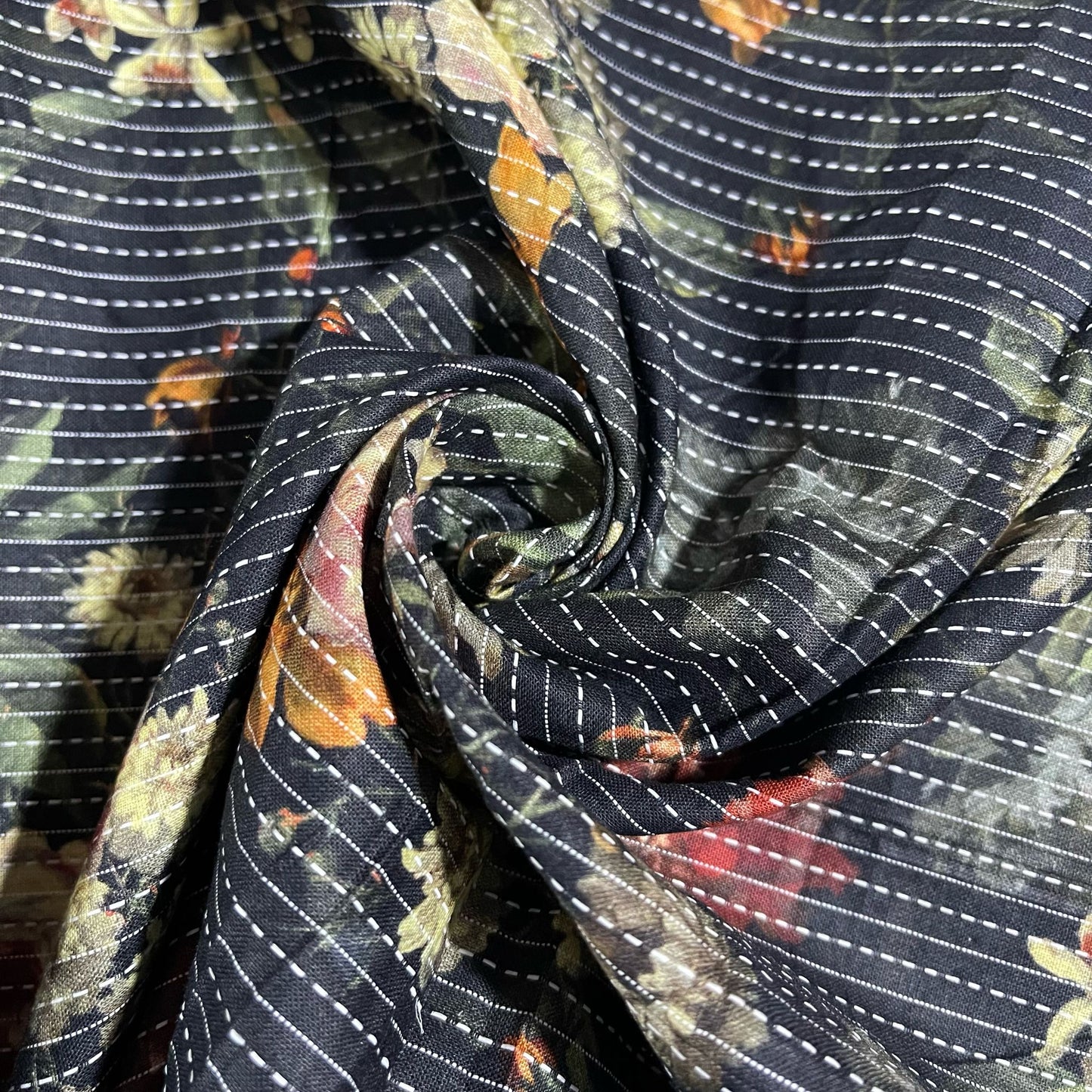 Black Floral Print Kantha Batik Cotton Fabric 44" Wide Dress Costume Craft Material by the Meter