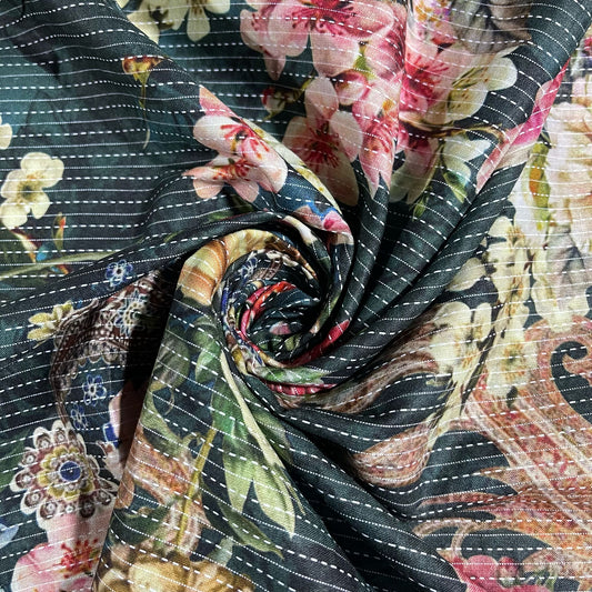 Charcoal Floral Print Kantha Batik Cotton Fabric 44" Wide Dress Costume Craft Material by the Meter