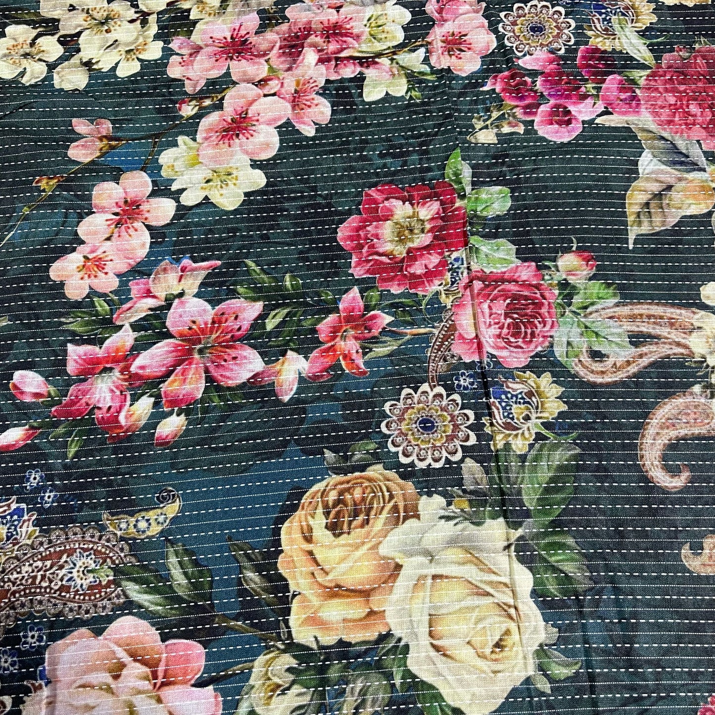 Charcoal Floral Print Kantha Batik Cotton Fabric 44" Wide Dress Costume Craft Material by the Meter