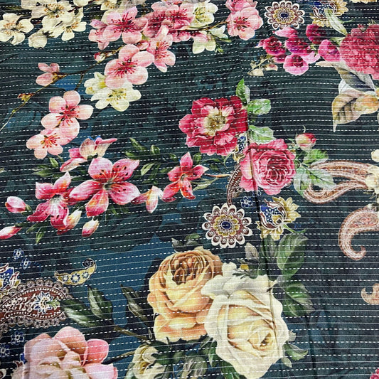 Charcoal Floral Print Kantha Batik Cotton Fabric 44" Wide Dress Costume Craft Material by the Meter