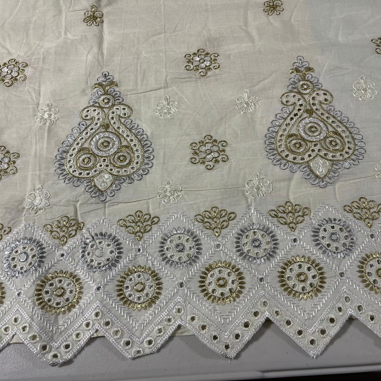 Metallic Floral Scallop Border Embroidery Dyeable Cotton Embroidery Fabric Dress Craft Quilting Material 44" Wide By Meter